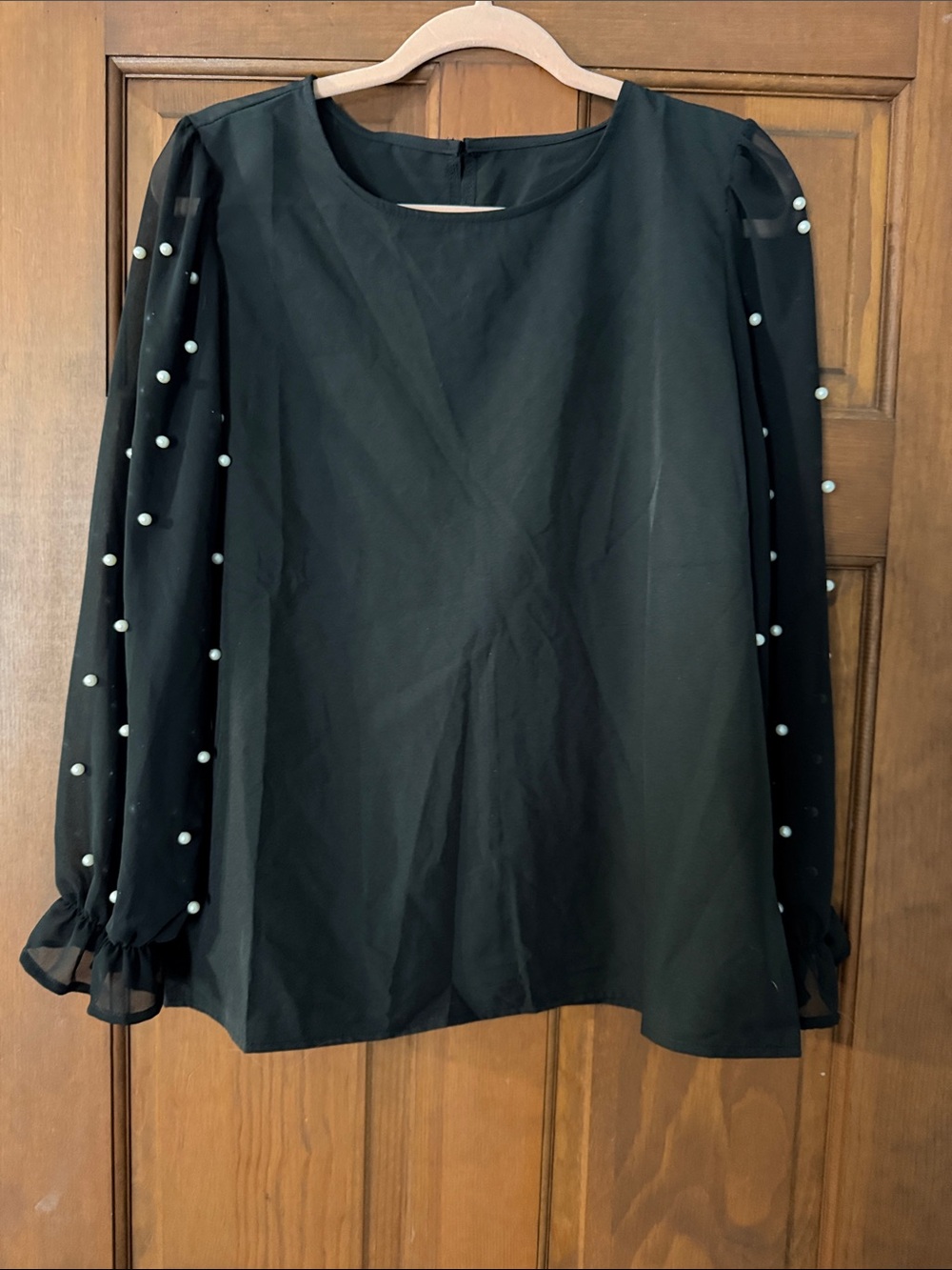 Women’s Black Blouse with Pearl-Embellished Sheer Sleeves